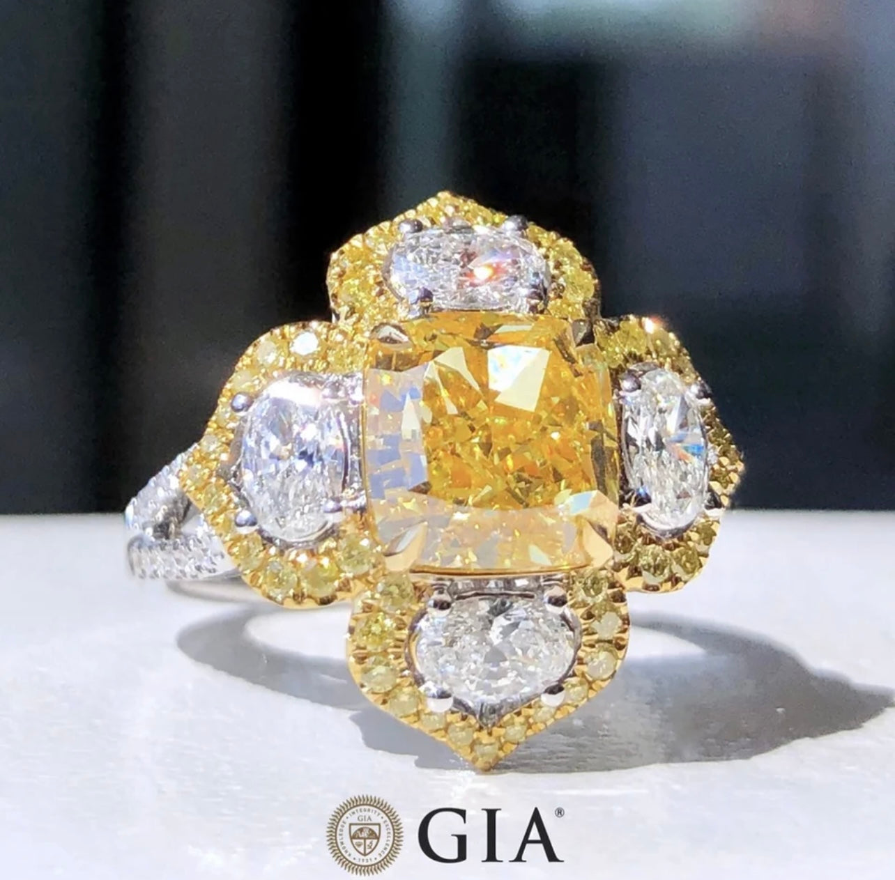Fancy 6.00 Carat Center Vivid Yellow Diamond Ring set on Solid 18K White and Yellow Gold Diamond Ring GIA Dossier’s ( 20.00 TCW )