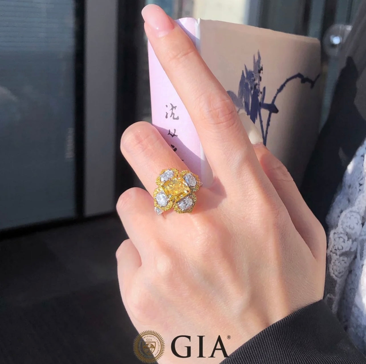 Fancy 6.00 Carat Center Vivid Yellow Diamond Ring set on Solid 18K White and Yellow Gold Diamond Ring GIA Dossier’s ( 20.00 TCW )