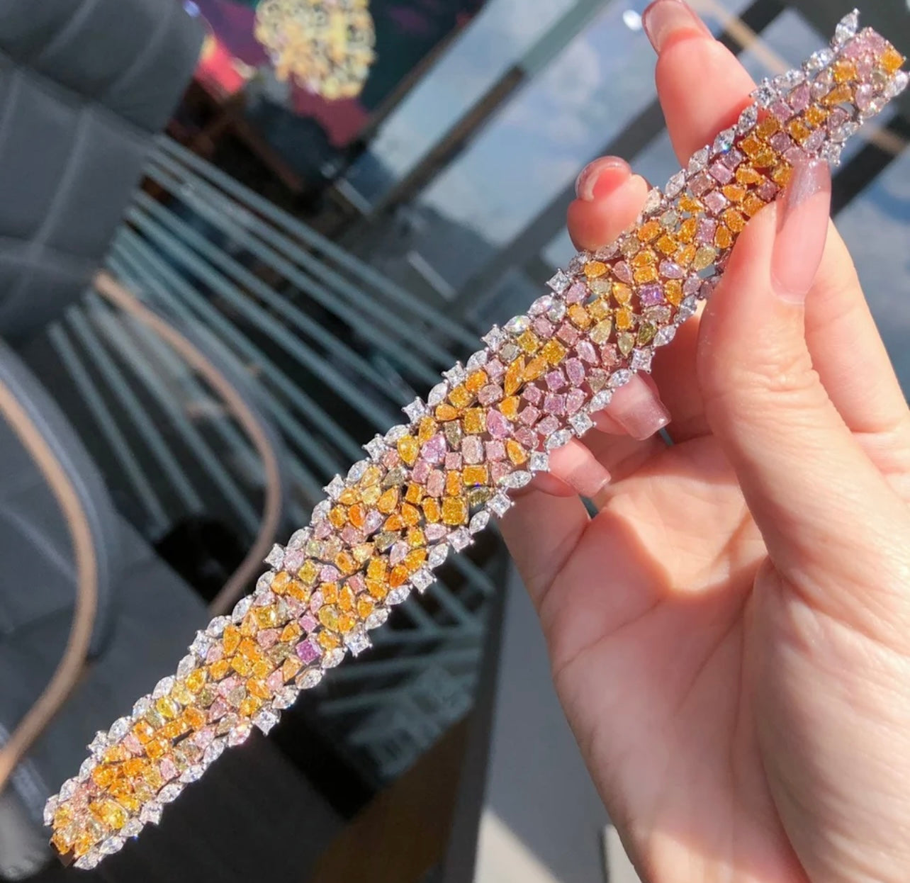 Beautifully Designed Over 200 Carat of Fancy Vivid Colour Diamonds Bracelet GIA Dossier