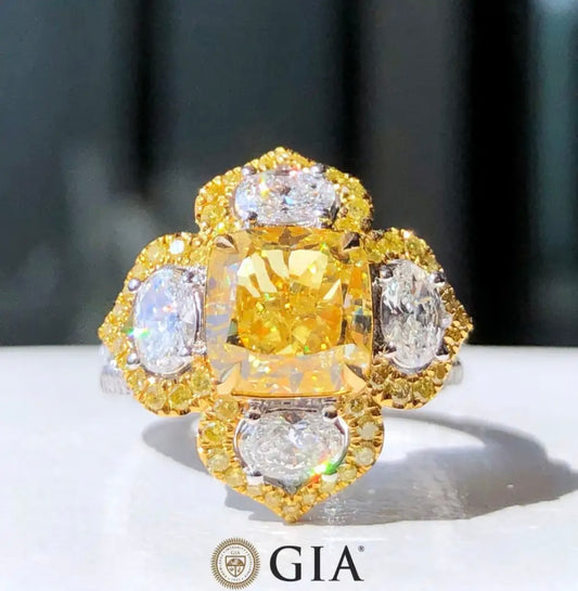 Fancy 6.00 Carat Center Vivid Yellow Diamond Ring set on Solid 18K White and Yellow Gold Diamond Ring GIA Dossier’s ( 20.00 TCW )