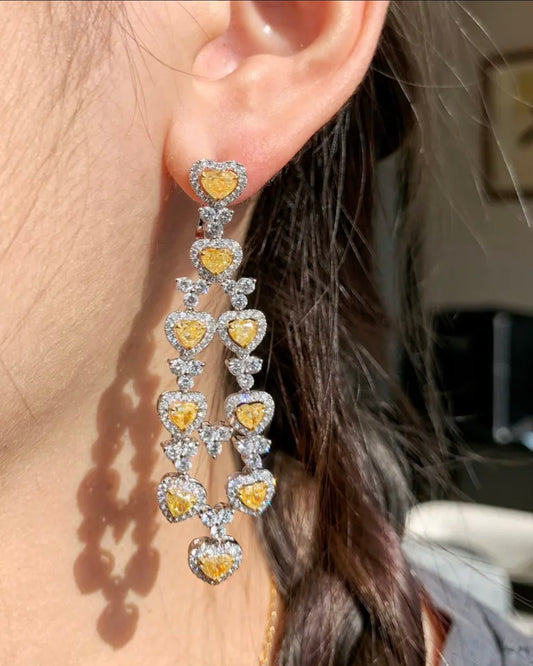 12.00 Carat Fancy Vivid Canary Yellow Diamond Earrings in Brilliant hi Heart Cut VS2 Solid 18K White Gold GIA Cert Dossier .