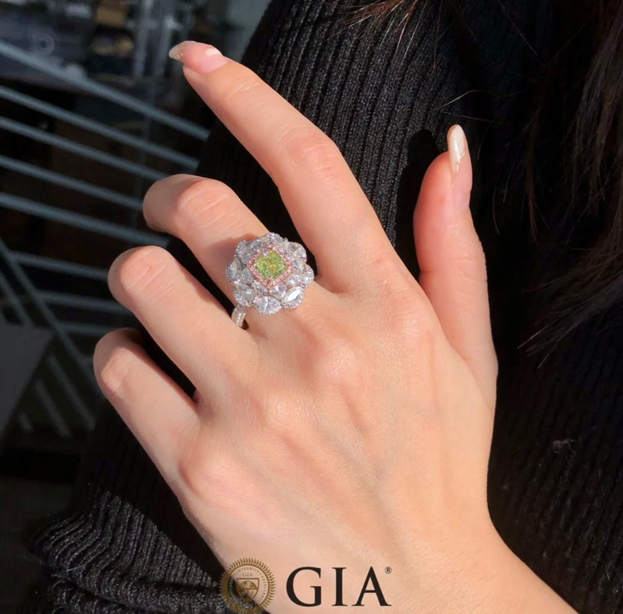 Rarest Vivid Green Princess Cut Diamond Ring and Necklace Clarity IF Set with Solid 18K White Gold all Natural Earth Mined GIA Certificate Dossier.