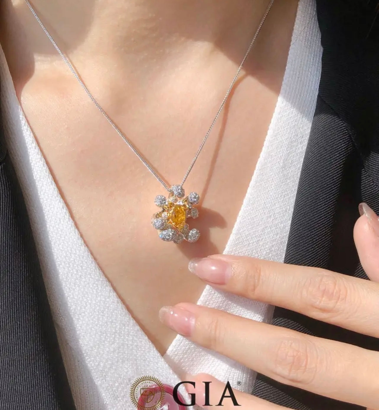 Exclusively Release 6.00 Carat Fancy Vivid Orange Oval Cut Diamond Solitaire Ring and Solitaire Necklace Solid 18K WG and YG GIA Dossier